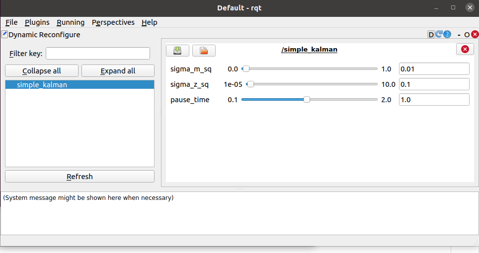 The dynamic reconfigure GUI of the simple Kalman node